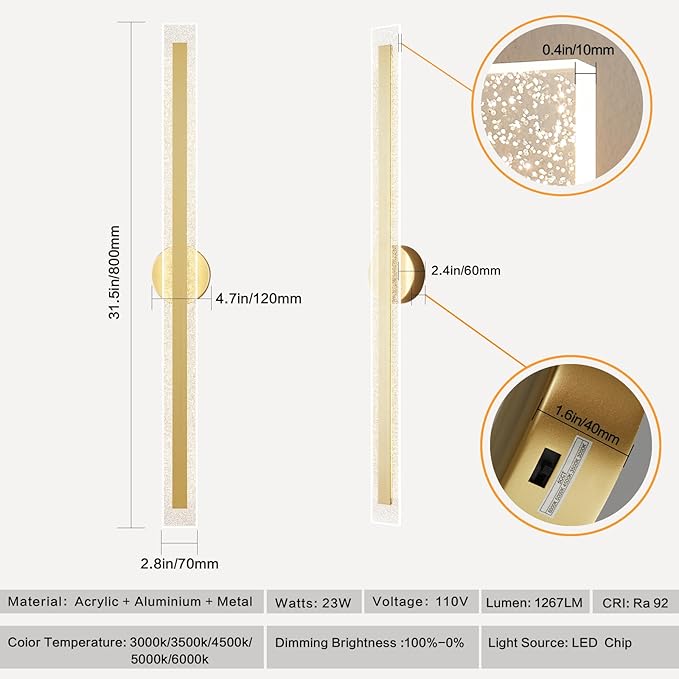 Modern Wall Sconces 31.5In Gold Wall Light Fixtures 3000K Dimmable LED Sconce Lighting Indoor Hardwired Wall Lamps for Living Room Bedroom Hallway Stairs