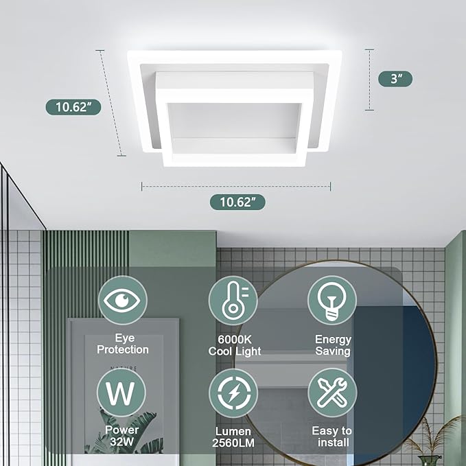 32W Flush Mount Modern LED Ceiling Lights, White Small Hallway Ceiling Light, Cool White 6000K Acrylic LED Ceiling Light Fixtures, Close to Ceiling Lights for Bedroom Dining Room Kitchen Bathroom