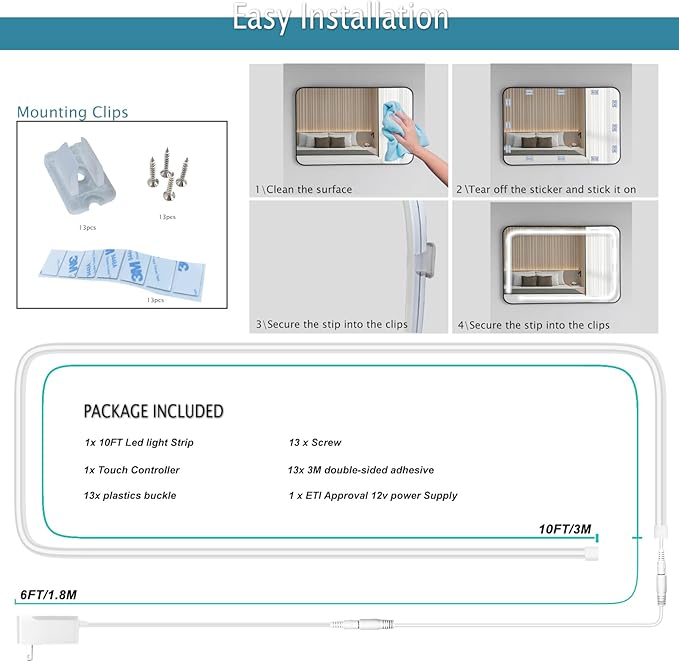 LED Vanity Mirror Lights, Hollywood Style Makeup Lighting, 10FT/6000K/Dimmable/12V Adapter/Self-Adhesive Strip Lights for Mirror, Lighting for Makeup Vanity Table & Bathroom Mirror