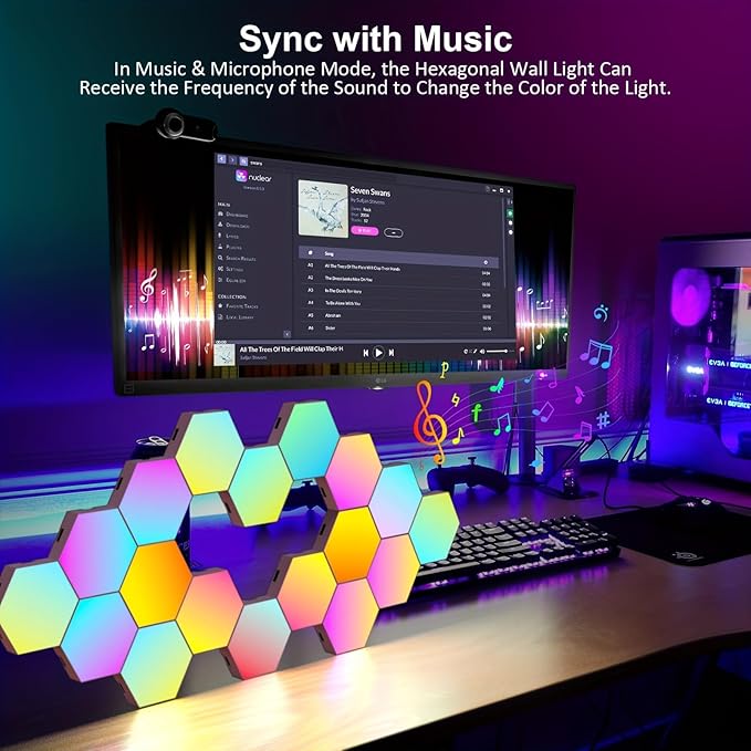 ODISTAR Remote Control Hexagon Wall Light,Smart Wall-Mounted Touch-Sensitive DIY Geometric Modular Assembled RGB led Colorful Light with USB-Power,Used in Bedroom (6-Pack)