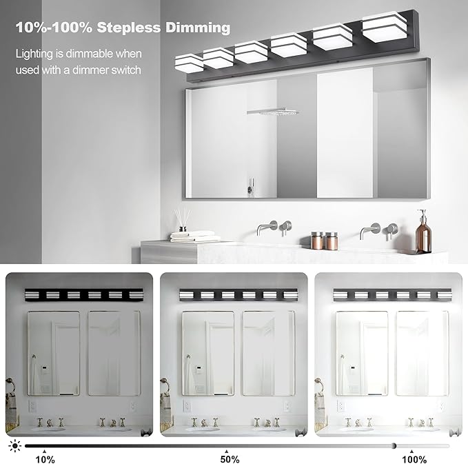 3 Color Temperature Dimmable Vanity Lights for Bathroom, Black 6 Light Vanity Light Fixtures, Acrylic Stainless Steel Square Shade Light Fixtures for Bathroom Above Mirror, ETL Certificated