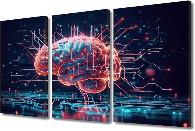 Framed Wall Art Artificial Intelligence Brain Cloud Networking Pictures Print for Living Room Decoration 3 Panel Modern Wall Art AI Concepts Artwork Ready to Hang, 36" Wx24 H