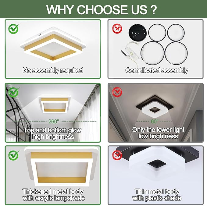 CANEOE Square Flush Mount Ceiling Light 24W Modern Led Hallway Ceiling Light Fixtures Gold Close to Ceilings Lamp for Bedroom Bathroom Living Room Laundry Kitchen