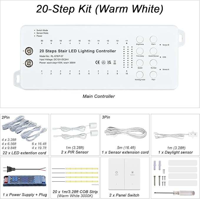 Motion Sensor LED Stair Light Kit, Multiple Working Mode Step Lights Including 3.28ft Cuttable COB LED Strips Indoor with Pannel Switch (20Stairs,3000K)