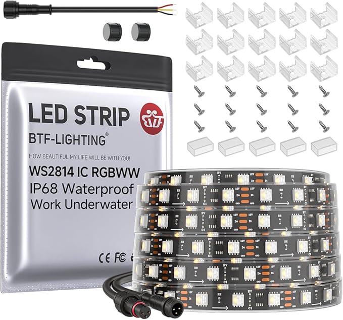 BTF-LIGHTING IP68 Waterproof Outdoor WS2814 RGBW IC LED Strip RGB+Warm White(3000K) Addressable Dream Color 5050SMD Light DC12V 16.4ft 60LEDs/m 20Pixels/m Can Work Outdoor(No Adapter or Controller)