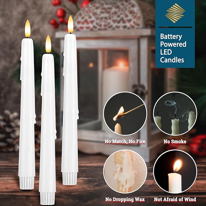 Dripless Flameless Taper Candles with Remote, Real Wax Battery Operated LED Candles Set with 3D Flickering Flame, 3Pcs White 9.6" Realistic Candlesticks as Mothers Day Gifts, Gifts for Mom