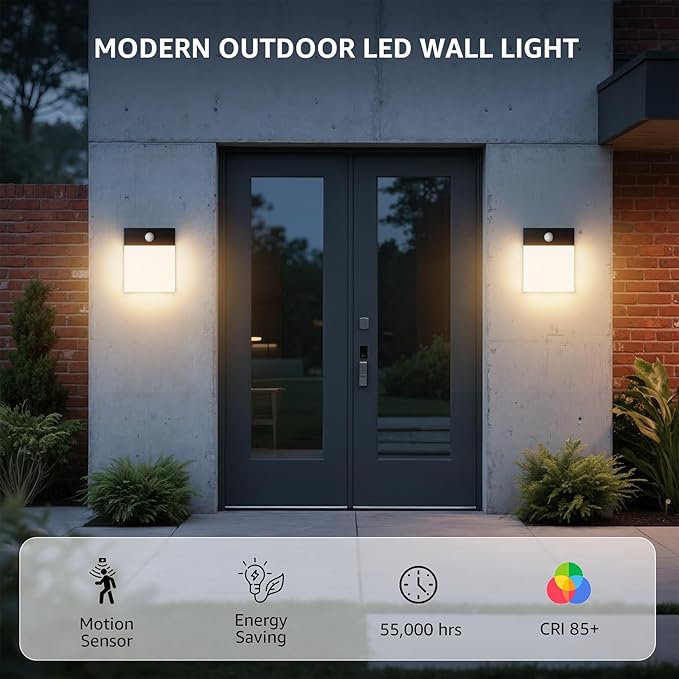 Aoceeley Modern Outdoor Led Wall Light with Motion Sensor,24W 3000K Porch & Patio Light,Exterior Hardwired Wall Light Fixtures,IP65 Waterproof Square Wall Lamp for Garage, Front Door(Black,2-Pack)