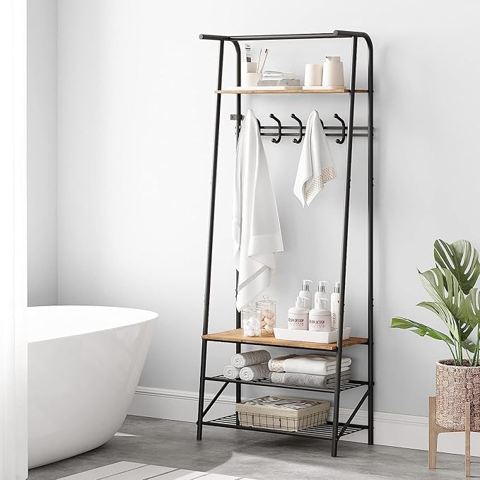 Coat Rack Shoe Bench with 5 Hooks, Entryway Hall Trees with Storage, Multifunctional Hallway Organizer, Wood Look Accent Furniture with Metal Frame, 4-in-1 Hall Trees Shoe Bench (1 Row-5 Hooks)