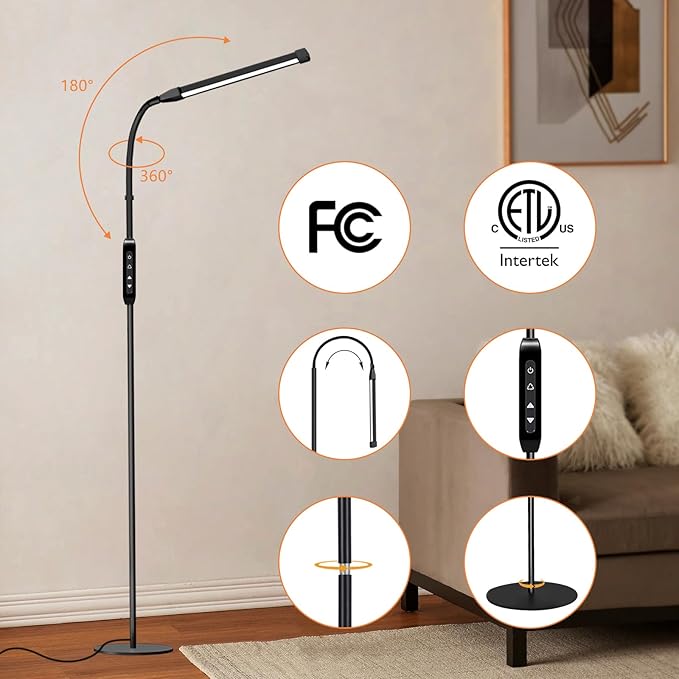 15W LED Floor Lamp with Stepless Adjustable 3000K-6000K Colors and Dimmer, LEDs Lash Lamp Tattoo Light Makeup Light, 360° Gooseneck Standing Light for Living Room, Bedroom, Office (Remote & Touch)