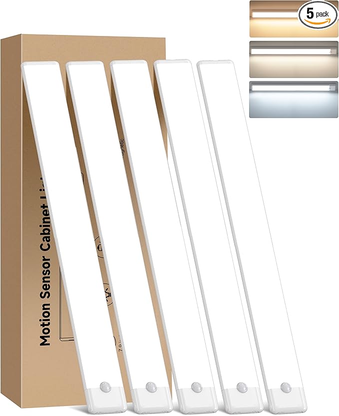15.7 inch Motion Sensor Under Cabinet Light, 3 Color Temperature Dimmable Rechargeable Magnetic Closet Light Wireless Under Counter Light 5-Pack
