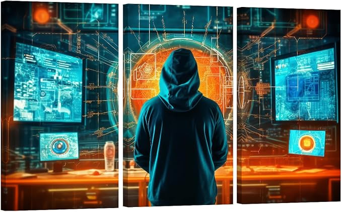 3 Panel Framed Wall Art Anonymous Hacker,Vulnerability of a Network, Data Thief Poster for Computer Room Wall Decoratio, Concept Art Gallery-Wrapped Ready to Hang 20x40inchx3