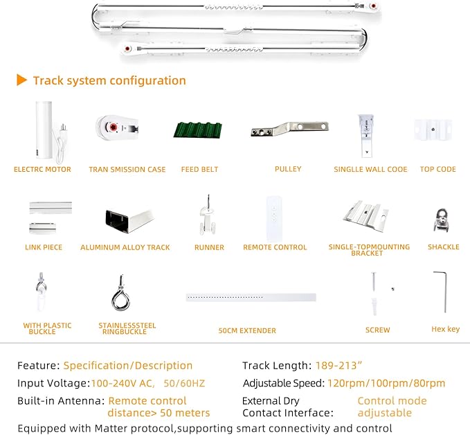 Electric Curtain Tracks | Matter over WiFi Electric Track, Smart Curtains Motorized Opener Curtains Rod with Remote Control - 189-213"
