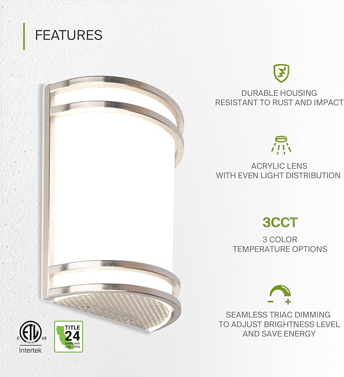 ASD LED Indoor Wall Mount Light Fixture - 8 Inch 15W Modern Interior Nickel Dimmable Wall Sconce Light - ETL 3000K 4000K 5000K Adjustable - Hallway, Bedroom LED Wall Lights