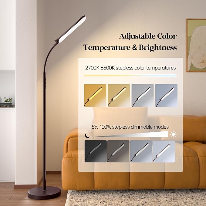 LED Floor Lamp, 18W Super Bright Floor Lamp for Living Room, Adjustable Stepless Colors & Brightness Standing Lamp, Eye Caring Reading Light with Remote& Touch Control for Bedroom Office