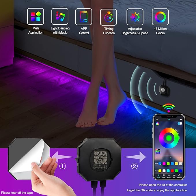 Under Bed Lights 2 Set*9.84ft Motion Activated RGB LED Strip Light, App Control/Variety Color/Dimmable/Dynamic Music Sync/5V USB, Motion Sensor LED Strip Light for Bed Cabinet Staircase Bedroom