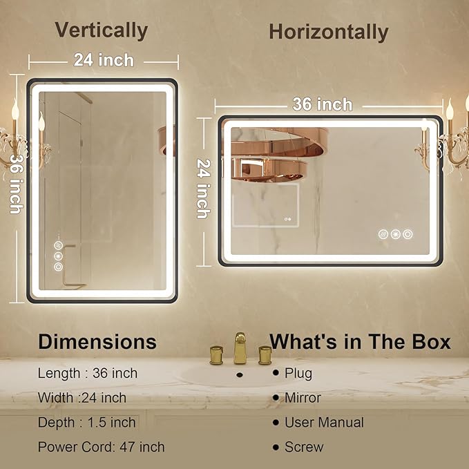 24x36 Inch Black Frame LED Bathroom Mirror with Lights, Dimmable Smart Lighted Bathroom Mirror, Anti-Fog, 3 Colors, Frontlit and Backlit, Waterproof, Memory Function Wall Mirror for Bathroom