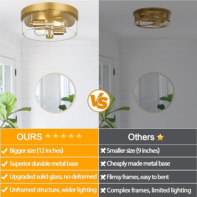 Flush Mount Ceiling Light Fixtures, 2-Light Gold Ceiling Mount for Farmhouse with Clear Glass Lampshade, Industrial Flush Mount Light Fixture Farmhouse for Hallway, Kitchen, Entryway and Foyer