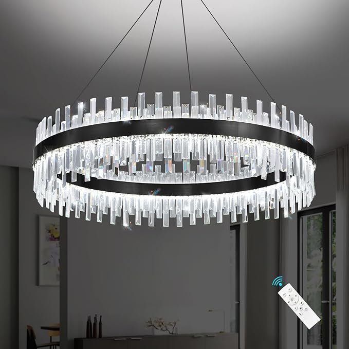 Glam Crystal Chandelier Interior Ring Chandeliers with Remote Dimmable LED Light Adjustable Hanging Lights Luxury Ceiling Pendant Lighting Fixtures for Living Dining Bedroom Foyer Black Light
