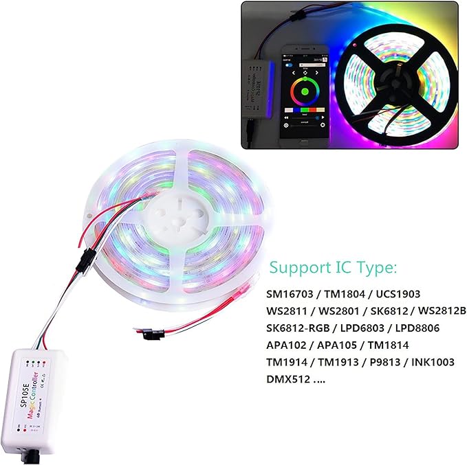 VIPMOON SP105E Wireless Bluetooth Controller, LED Light Controller DC5V~24V WS2812B Controller for WS2811 WS2812B SK6812 LED Strip Pixel Module Panel Lamp