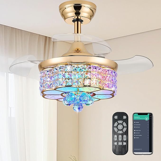 30" RGB Retractable Crystal Ceiling Fan with Light Dimmable Bluetooth Chandelier Fan, 6-Speed Timer, APP Remote Control for Bedroom,Gold