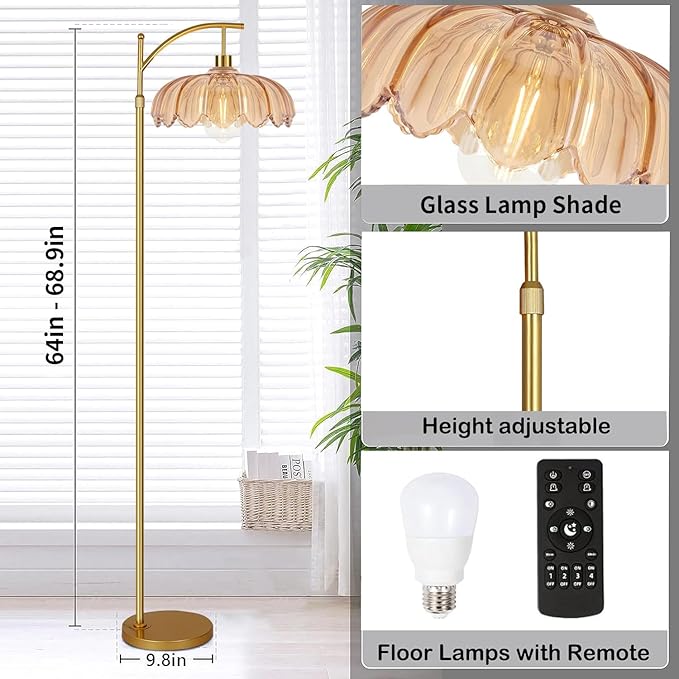 Floor Lamp for Living Room,Bedroom,Gold Dimmable Standing Lamp with Remote,Mid Century Modern Brass Tall Lamp Retro Vintage Glass Lamp Floor Light Boho Bohemian