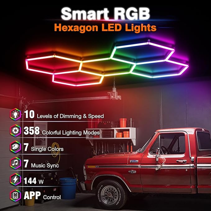 RGB Hexagon Garage Lights, Music Sync LED Hexagon Lights for Gaming Room, Smart App & Remote Control, DIY Honeycomb Ceiling Light for Studio Gym Basement Deco