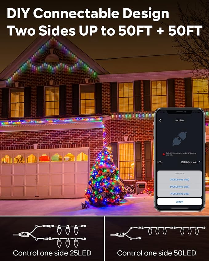 Dynamic C9 Christmas Lights Outdoor, 33Ft 50 LED Smart RGB, APP Remote Controlled, Connectable Waterproof Music Xmas Eaves Decoration