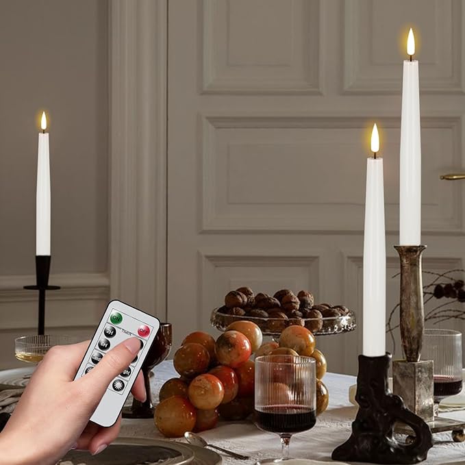 GenSwin Flameless Taper Candles, LED Taper Candles Battery Operated with Remote Timer, Set of 2 Real Wax White Flameless Candlesticks with 3D Flame for Home Weddin Party Holiday Decor (0.78” x 9.84”)