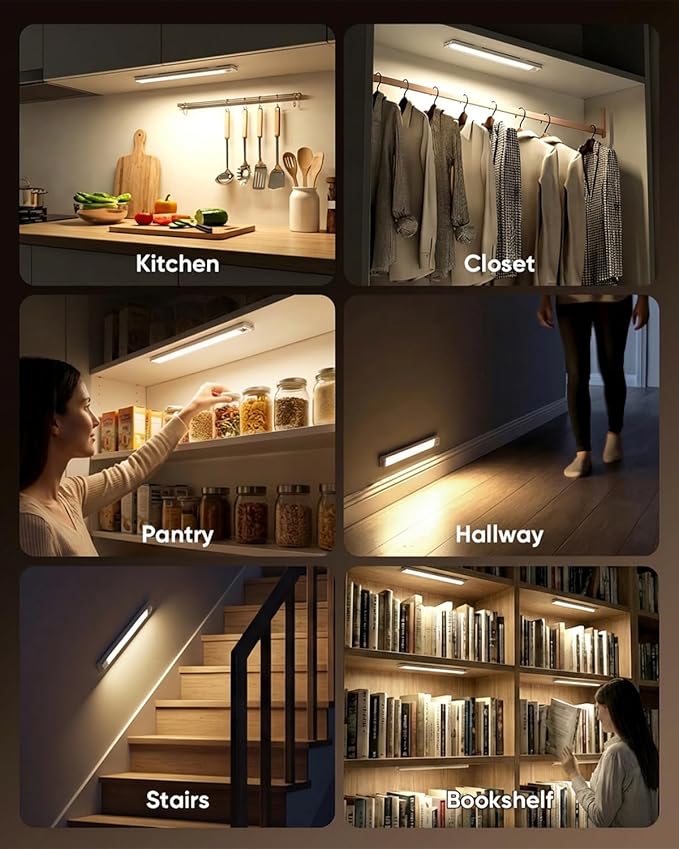 12inch Under Cabinet Lighting Wireless, 152LED Motion Sensor Light Indoor, Rechargeable Closet Lights, 3 Color Temps & Dimmable, Stick On Under Counter Lights for Kitchen, Pantry, 1 Pack