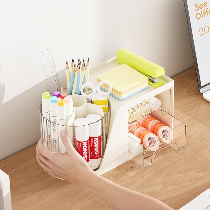 Marbrasse Desk Organizer with 2 Drawer, 360°Rotating Pen Holder, Desk Organizers and Accessories with 6 Slots Pencil Organizer + 2 Drawer, Art Supply Storage Box Caddy for Office (Beige)
