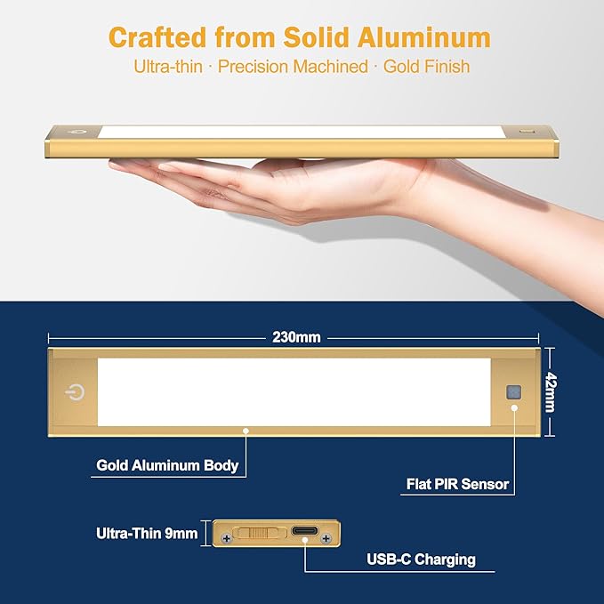 V4light Rechargeable Motion Sensor Under Cabinet Light, Magnetic LED Bar with 1500mAh, Gold Aluminum Accent Lighting, Dimmable 3 Color Temperatures for Kitchen Cabinets, Shelves & Closets (9 in)