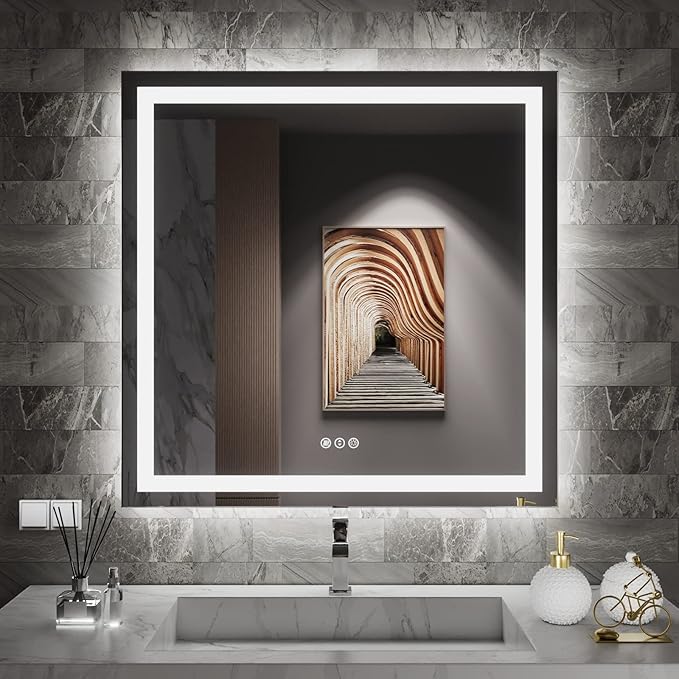 Amorho LED Bathroom Mirror, 38'' X38'' Mirror with Front and Backlit, Stepless Dimmable Wall Mirrors with Anti-Fog, Shatter-Proof, Memory, 3 Colors, Double LED Vanity Mirror