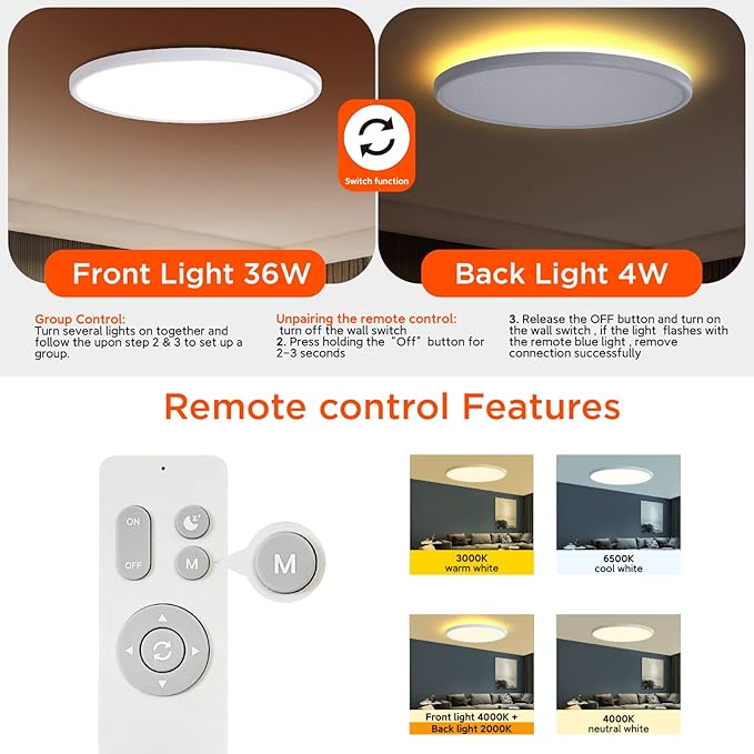 TALOYA Flush Mount Ceiling Light with Remote,3000K-6500K Adjustable,2000K Nightlight,18 Inch, Led Low Profile Ceiling Lights for Bedroom, Living Room, Kitchen, White