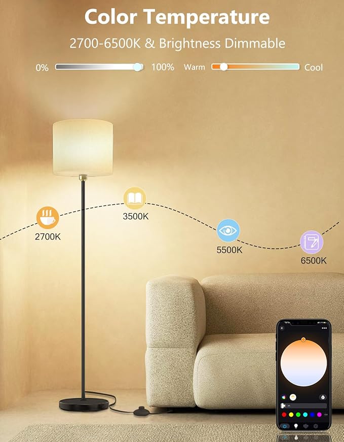 YHW Floor lamp for Living Room Works with Alexa & Google, White Linen Lamp Shade LED Bright Tall Standing Smart Floor Lamp with Remote for Bedroom Office, Modern Color Changing Dimmable WiFi Light.