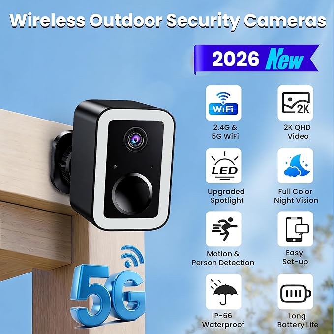 2026 Upgraded 2K Security Cameras Wireless Outdoor, AI Motion Detection & Spotlight Siren Alarm, Outside Battery Powered Camera for Home Security, Full-Color Night Vision, Support WiFi 5G & 2.4G