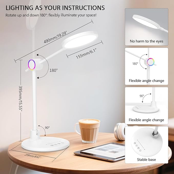 LED Desk Lamp for Home Office, 800LM Bright Full Spectrum Table Lamps, Eye-Care Dimmable Office Lamp, Touch Control Computer Light for Reading,Dorm Study,12W