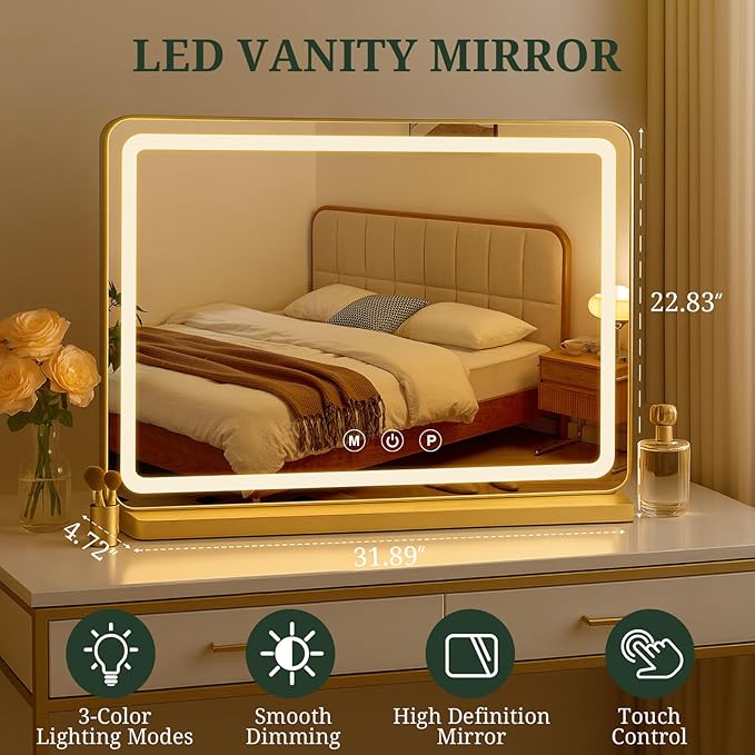 Vanity Mirror with Lights, LED Makeup Mirror with 3-Color Dimmable Lighting, Smart Touch Control, Memory Function, Tabletop Lighted Mirror for Bedroom, Dressing Room