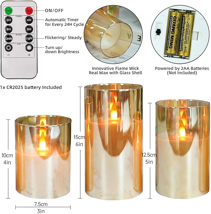 NICEME Radiance Evanescing Flameless Candles with Remote, 3 Pack Glass Battery Operated Candles with Timer, Real Wax Glass LED Candles Flickering Wedding Home Party Christmas D3 x H4 5" 6" Gold