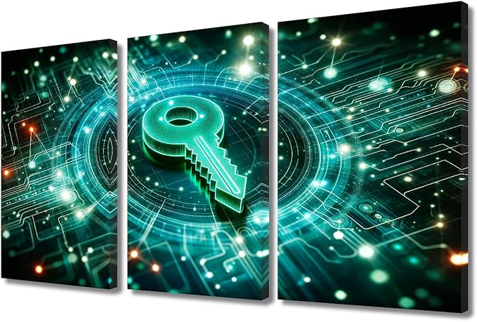 TUMOVO AI Wall Decor 3 Pieces Canvas Wall Art Key Icon on Digital Circuit Board Background Pictures for Home Hotel Wall Decoration, Artificial Intelligence Artwork Ready to Hang, 36" Wx24 H