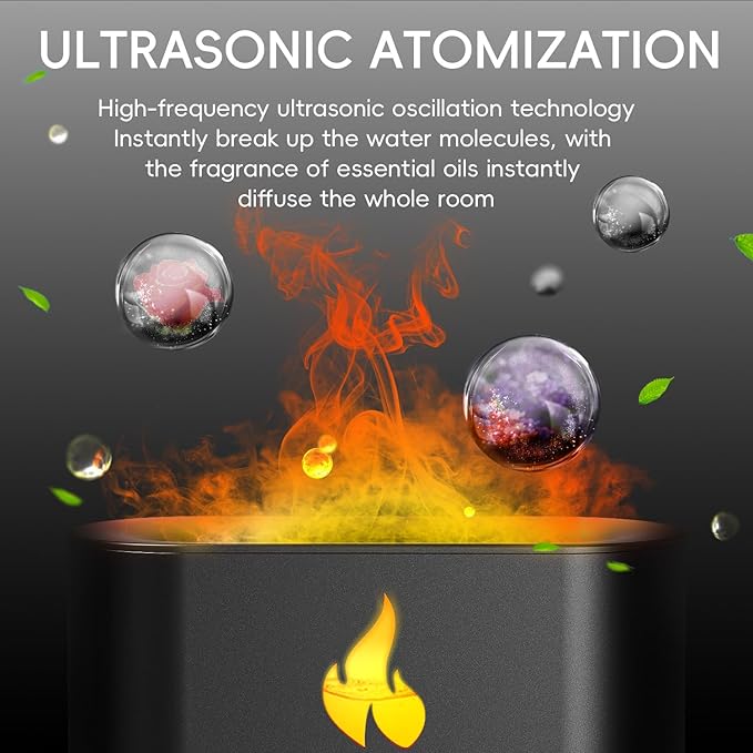 Essential Oil Diffuser, Fireplace Flame Fire Oil Diffuser, 250ml Himalayan Salt Lamp Diffuser, Cool Mist Aromatherapy Humidifier with 7 Colors Light, Timer & Auto-Off for Home, Room (Black)