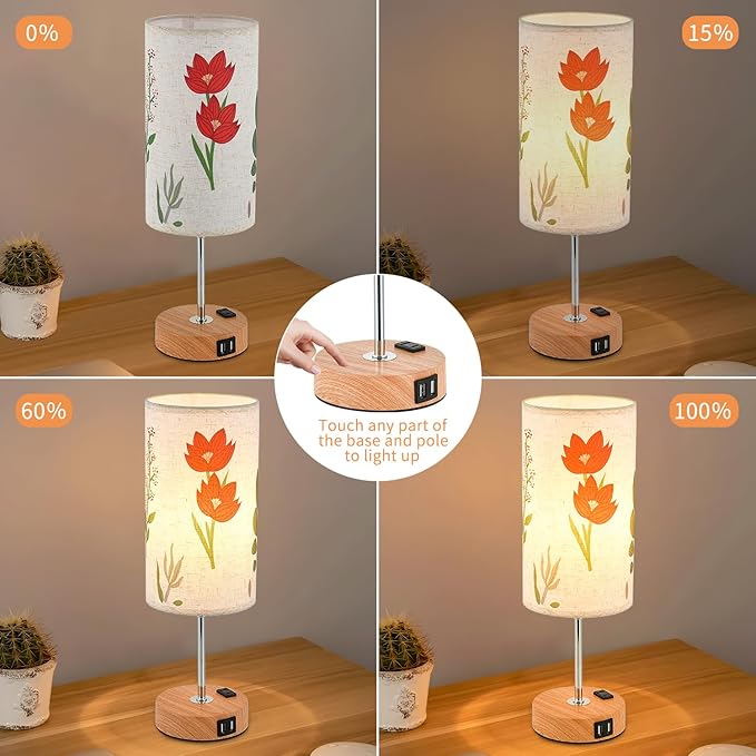 Flower Touch Table Lamp,3-Way Dimmable Bedside Lamps with USB Port and Outlet,Cute Lamp with Wood Grain Base,Vintage Lamp for Bedroom,Room Decor,flower1