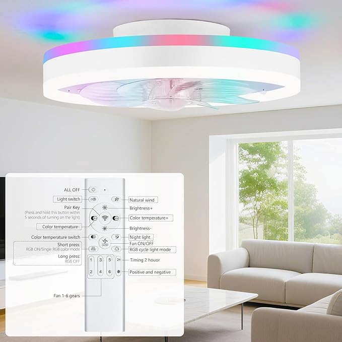 RGB Ceiling Fans with Lights, 16" Fandelier Low Profile Ceiling Fan with Light, Modern Flush Mount Ceiling Fan Light with Remote/APP Control, Bedroom Chandelier Fan Fixture for Indoor(White)