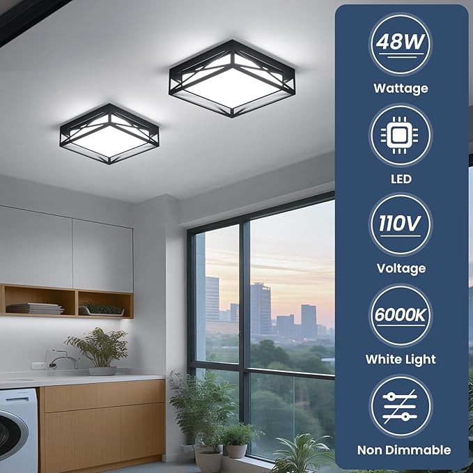Modern LED Ceiling Light Fixture, 6000K Square LED Flush Mount Hallway Light Fixtures, Farmhouse Black Close to Ceiling Light for Hallway Bedroom Balcony Porch Stairway(Square, 12.6INCH)