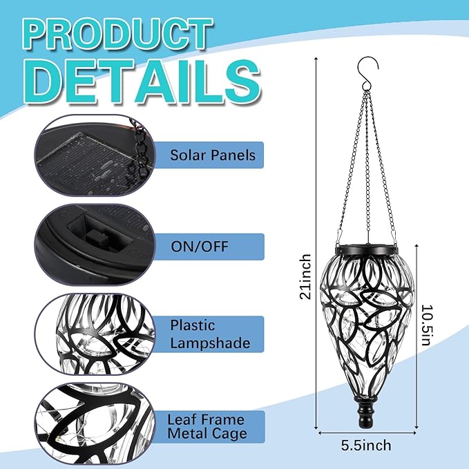 2 Set Solar Hanging Lantern Lights Outdoor Chandelier Moroccan Hanging Solar Light Tear-Shaped 15 LEDs Cool White with S Hooks for Summer Garden Yard Pathway Landscape Porch Decor(Multi-Color)