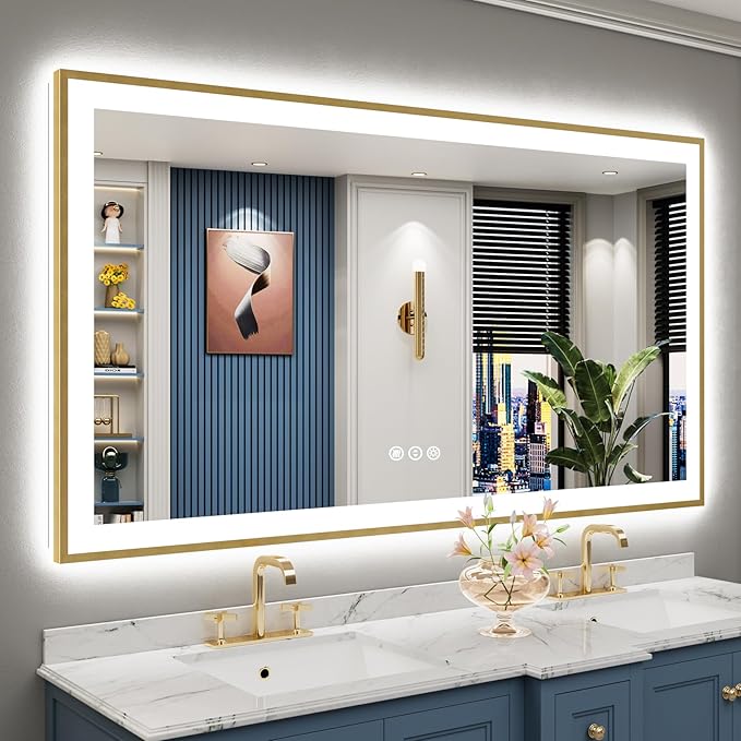 66x36 Gold LED Bathroom Mirror with Lights, Brushed Gold Framed Backlit and Front Lit Anti-Fog Lighted Vanity Mirrors for Bathroom Wall, Dimmable, 3 Colors, Memory, HD Tempered Glass, CRI＞90