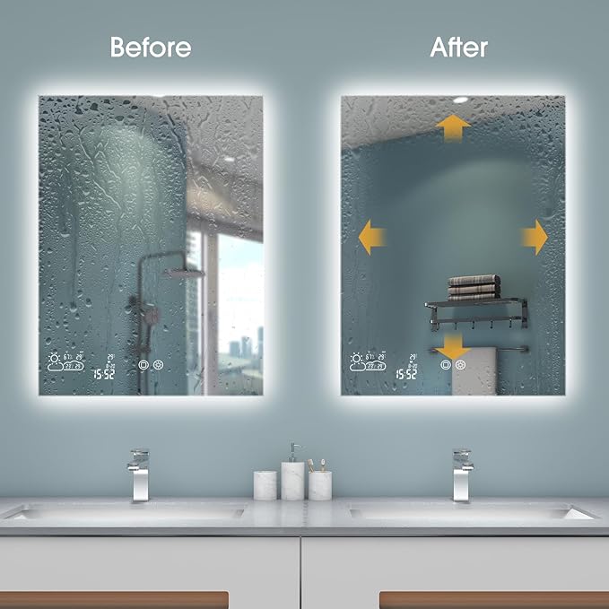 BYECOLD Bluetooth Smart Bathroom Mirror 24"x 32", Lighted Bathroom Vanity Mirror with WiFi Enabled Weather Display, Anti-Fog, Backlit 3 Colors, Memory Function Touch Sensor - Vertically Hangs