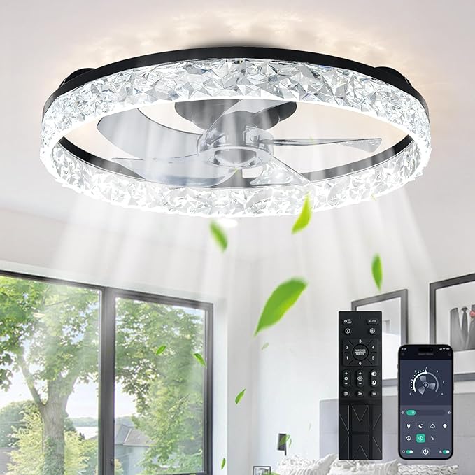 Depuley Bladeless Ceiling Fans with Lights: 20" Black Modern Low Profile Flush Mount Ceiling Fan with App Remote Control - Bedroom Enclosed Crystal Fandelier with Dimmable LED for Living Room Kitchen