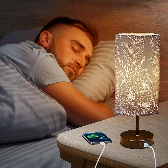 Touch Control Bedside Lamp with 2 USB Ports, 3-Way Dimmable Table lamp for Bedroom, Nightstand Lamp with Round Grey Fabric Shade for Living Room Home Office (E26 LED Bulb Included)