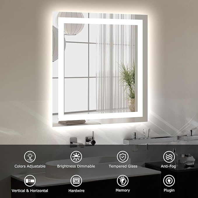 28X32 LED Bathroom Mirror with Lights, Anti-Fog, Dimmable, Backlit + Front Lit, Smart Bathroom Vanity Mirror, Memory Function, Shatterproof, Tempered Glass (Horizontal/Vertical)