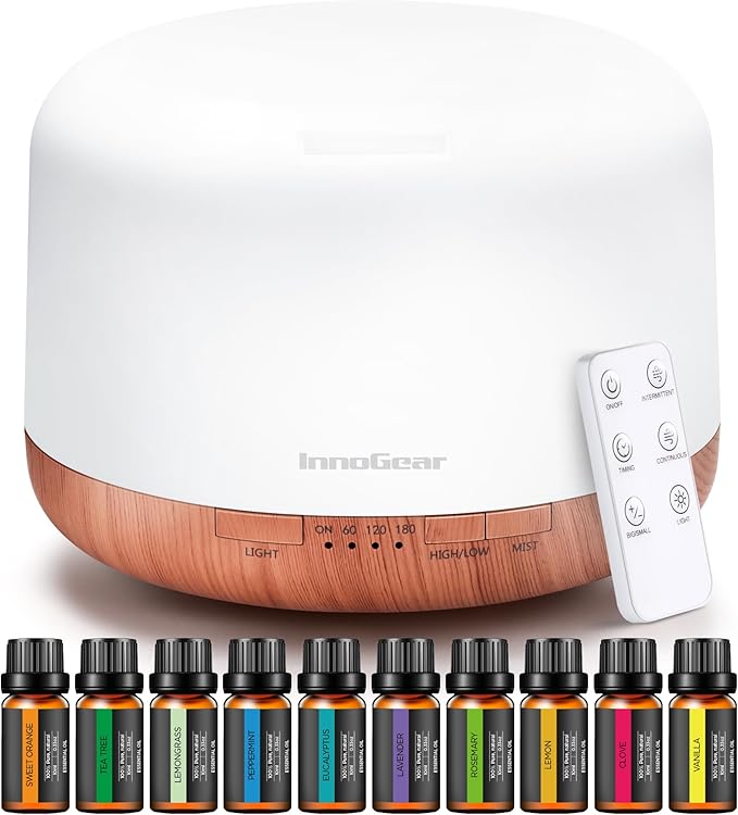InnoGear Aromatherapy Diffuser & 10 Essential Oils Set, 500ml Essential Oil Diffuser with Remote Control Ultrasonic Cool Mist Scent Humidifier Vaporizer Auto-Off Timer for Room Office Home, Yellow